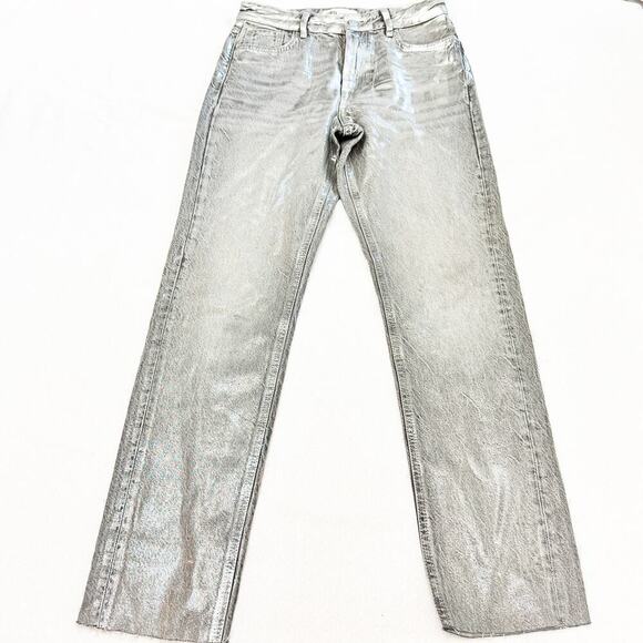 Zara Coated Silver Gray Metallic Denim Jeans Raw Hem Straight Leg Size 4 - Picture 2 of 10